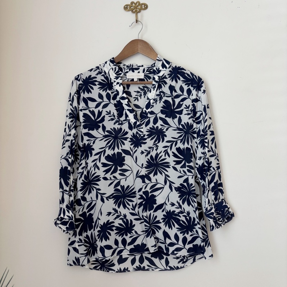 Caballero Blue Floral Ruffle Blouse Medium Coastal Grandma